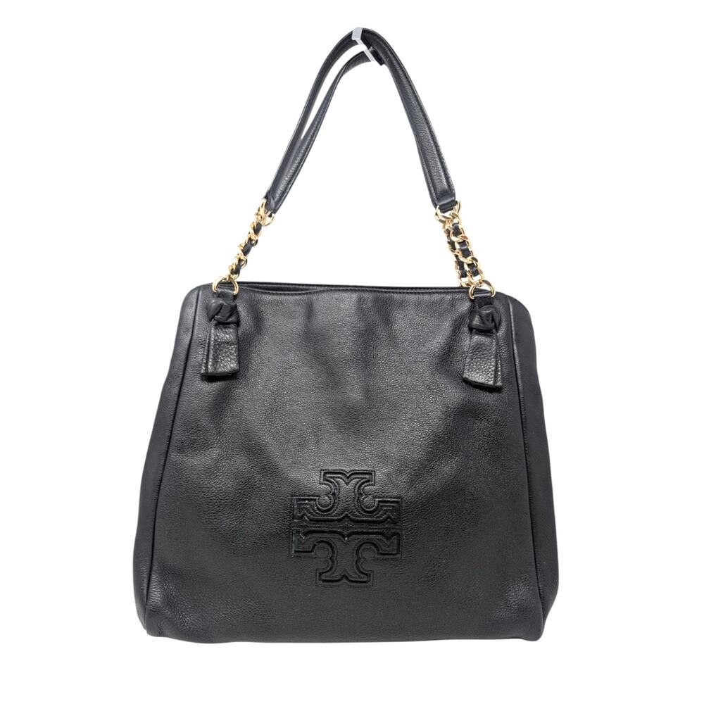 Tory Burch Harper Black Leather‎ Tote Shoulder Bag Gold Chain Logo